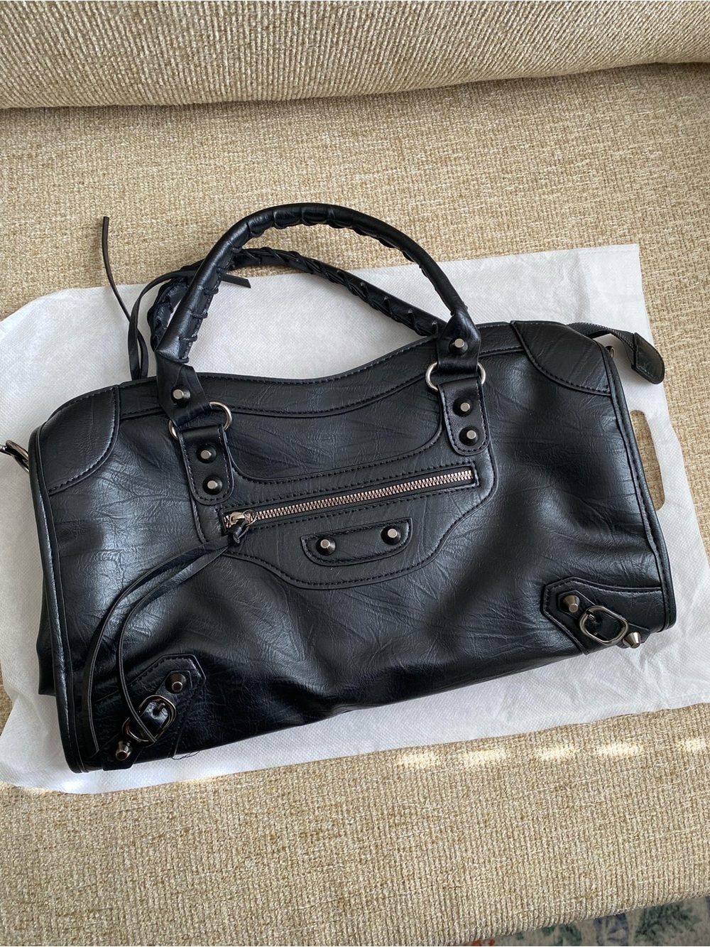 Black Faux Leather Moto Handbag Purse with Crossbody Strap